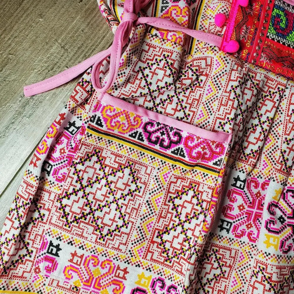 Pink Boho Thai Dress One Size Midi Tie Sides Embroidered Multi Color - Picture 7 of 16